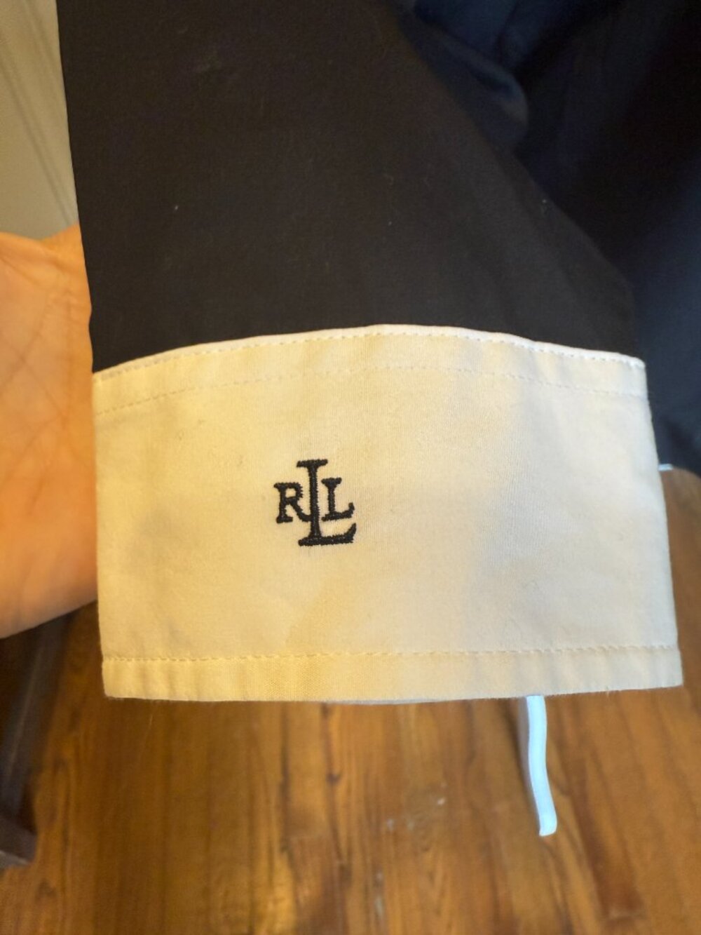 Ralph Lauren Black Button Up Blouse White Collar and Cuff Monogram